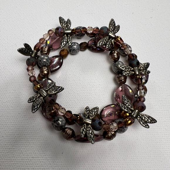 Handmade Beaded Bracelet Trio Purples Browns Dragonfly Metals - Picture 2 of 6